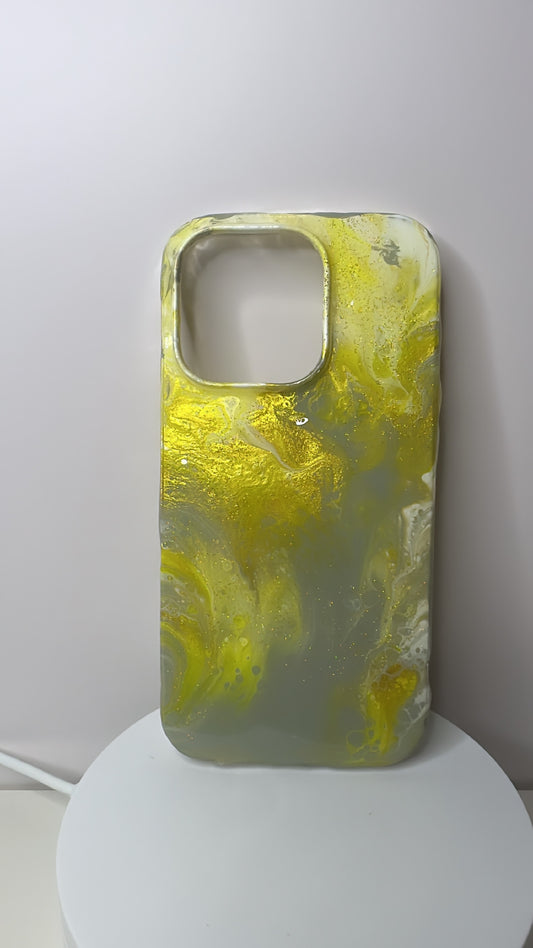 Yellow, Grey and White Glitter Marbled Phone Case (iPhone14Pro)