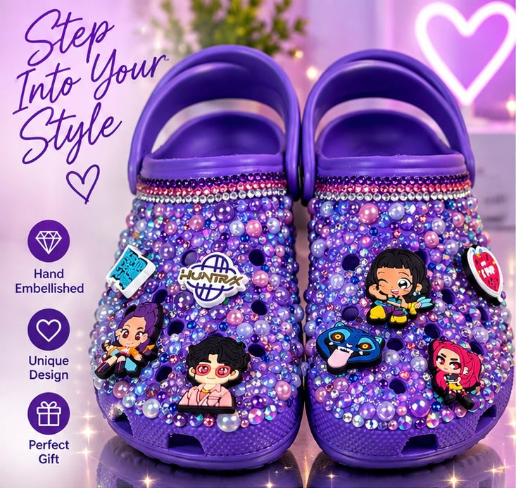 Crocs Kids' KPop Demon Hunters Purple Embellished Clogs Charms Rhinestones and Pearls Size 6