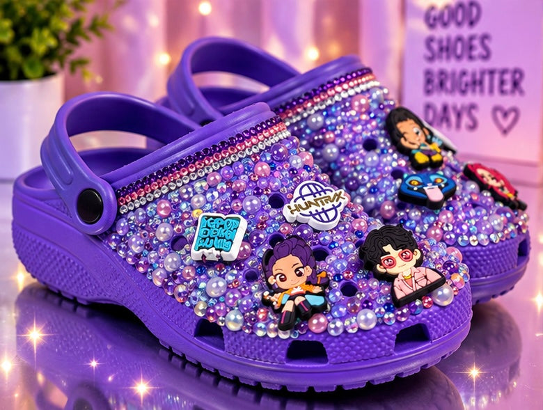 Crocs Kids' KPop Demon Hunters Purple Embellished Clogs Charms Rhinestones and Pearls Size 6