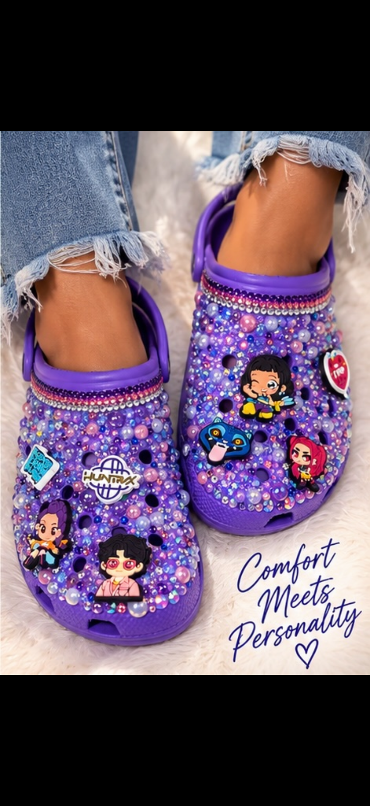 Crocs Kids' KPop Demon Hunters Purple Embellished Clogs Charms Rhinestones and Pearls Size 6